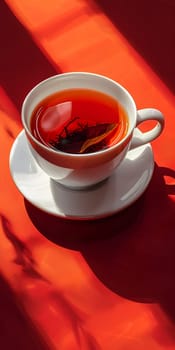 A cup of tea is placed on a saucer on a red table. The tableware consists of a drinkware containing the liquid, serving as a flavorful beverage made with ingredients like tea leaves and hot water