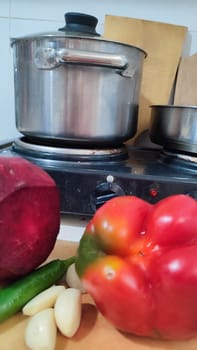 pepper, beet garlic and pan, homemade food, cooking, kitchen. High quality photo