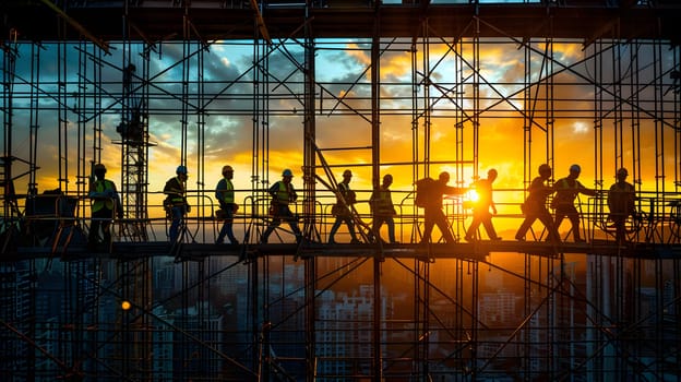 A group of construction workers are crossing a bridge at sunset, the display of metal facade reflecting the citys heat, entertaining the crowd