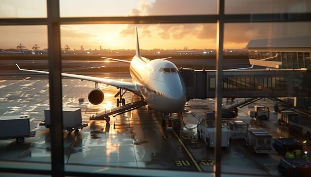 Loading cargo on the plane in airport, view through window.