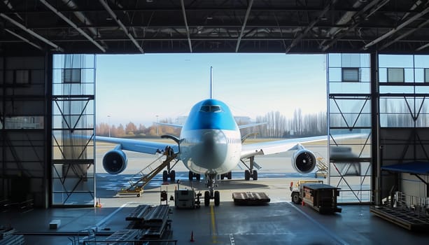 Loading cargo on the plane in airport, view through window.