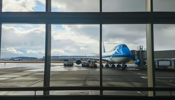 Loading cargo on the plane in airport, view through window.