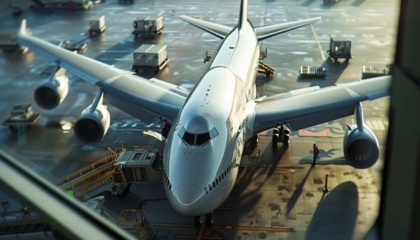 Loading cargo on the plane in airport, view through window.