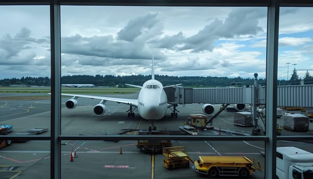 Loading cargo on the plane in airport, view through window.