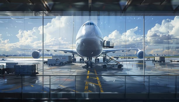 Loading cargo on the plane in airport, view through window.