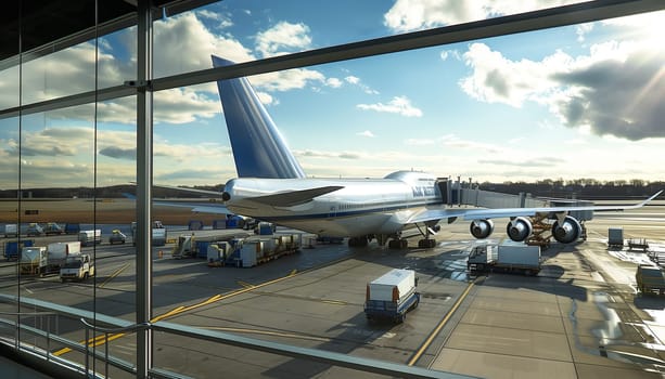 Loading cargo on the plane in airport, view through window.