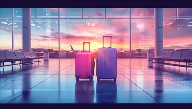 Two suitcases are sitting next to each other in a large airport terminal by AI generated image.