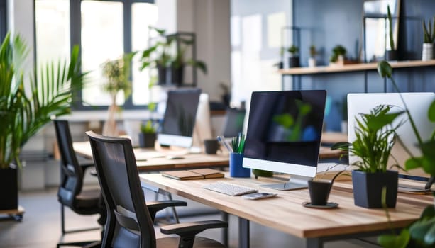 A bright and sunny office with two desks and two chairs by AI generated image.