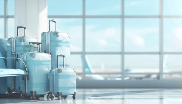 A row of blue suitcases are sitting on the floor in front of a window by AI generated image.