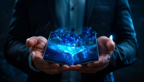 Businessman holding a foldable smartphone, technology concept.