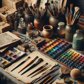 Artistic Workspace Bliss: Watercolor Brushes, Paper, and Painting Tools