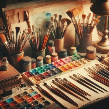 Creative Haven: Artistic Workplace Mock-up with Watercolor Supplies