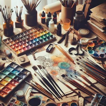 Brushes, Paper, and Colors: Artistic Workplace Mock-up for Artists