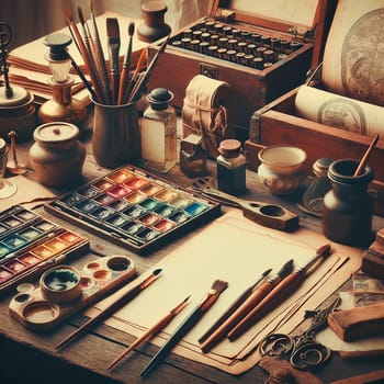 Creative Oasis: Watercolor Brushes, Paper, and Painting Tools in Action