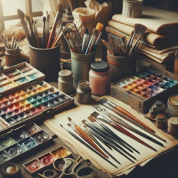 Artistic Haven: Watercolor Brushes, Paper, and Painting Tools Set Up