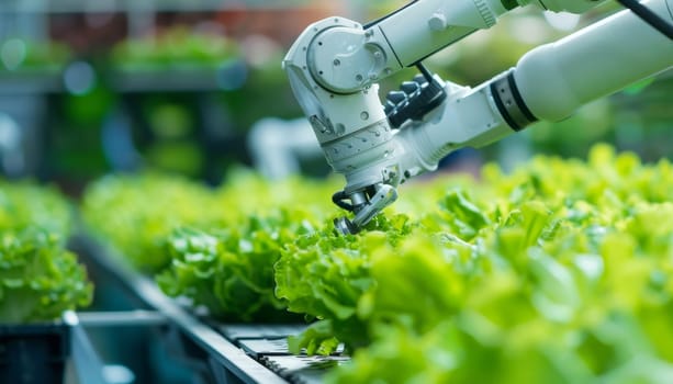 A robot is watering a field of lettuce by AI generated image.