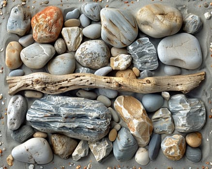 The contrasting textures of smooth pebbles and rough driftwood on a beach, showcasing natural diversity.