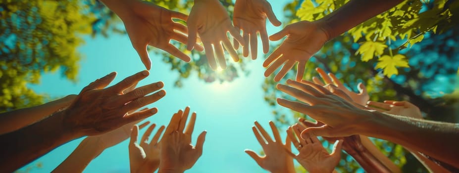 A group of people are holding hands in a circle by AI generated image.