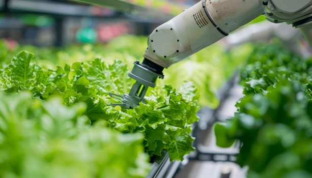 A robot is watering a field of lettuce by AI generated image.