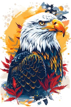 A majestic Bald Eagle, a bird from the Accipitridae family and Falconiformes order, is depicted with its sharp beak surrounded by red leaves on a white background