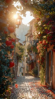 A narrow alley bathed in warm sunlight, flanked by historic buildings, evoking curiosity and exploration.