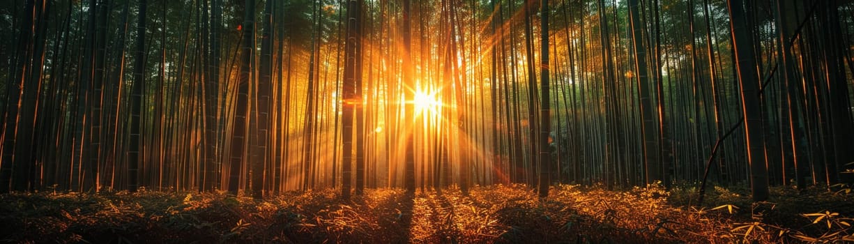 Sunlight streaming through a dense bamboo grove, creating patterns and shadows.