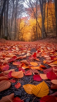 Brightly colored autumn leaves on forest floor, ideal for fall season and natural themes.