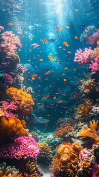 Underwater coral reef with colorful fish, perfect for marine and environmental backgrounds.