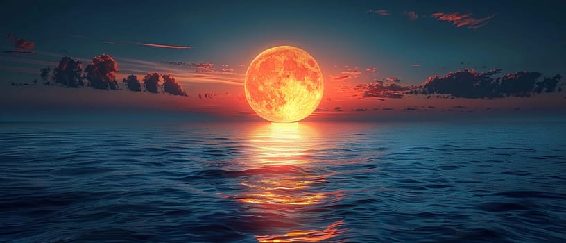A full moon rising over a tranquil sea, evoking mystery and the beauty of the night.