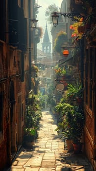 A narrow alley bathed in warm sunlight, flanked by historic buildings, evoking curiosity and exploration.