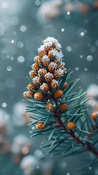 Freshly fallen snow on a pine branch, representing winter's purity and calm.