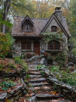 A quaint stone cottage in a lush garden, offering a storybook setting.