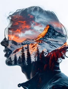 A creative double exposure art piece featuring a mans face overlayed on mountains, capturing the essence of fashion accessory and paint in electric blue tones
