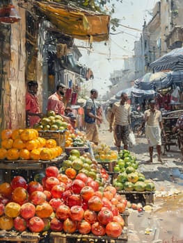 The vibrant hustle of a street market, captured in the colors and textures of goods.