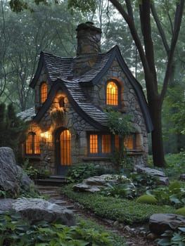 A quaint stone cottage in a lush garden, offering a storybook setting.