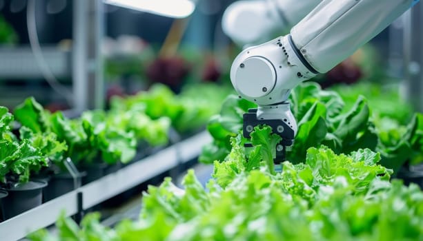 A robot is watering a field of lettuce by AI generated image.