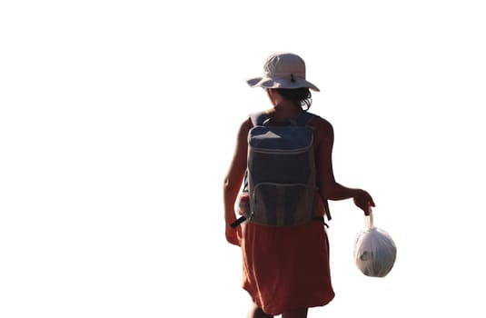 A female camper walking with a trash bag, promoting eco-friendly camping practices. Isolated on transparent background for versatile use