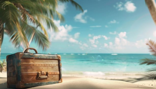 A suitcase is sitting on the sand next to the ocean by AI generated image.