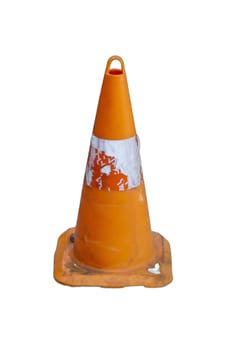 An isolated, battered traffic cone, showing signs of wear and tear. Perfect for safety illustrations, construction graphics, and roadwork designs