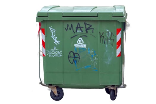 Isolated trash bins in various colors and styles, ready for waste management designs, environmental campaigns, and urban scenes