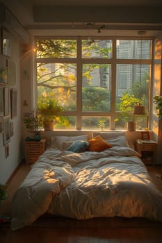 A cozy bedroom with a comfortable bed frame, a window letting in sunlight, and a plant on the wooden floor. The interior design is simple yet inviting