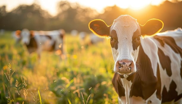 Two cows standing in a field with a beautiful landscape in the background by AI generated image.