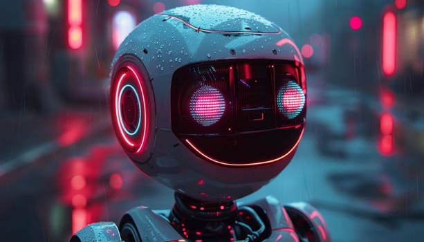 A robot with red eyes and a smile on its face by AI generated image.