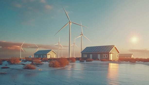 A wind farm with a red C on a white building by AI generated image.