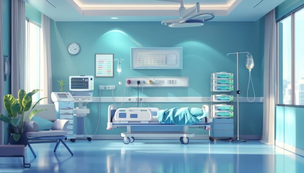 A hospital room with a patient on a bed and a clock on the wall by AI generated image.