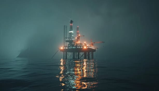 A large oil rig is floating in the ocean with a storm in the background by AI generated image.