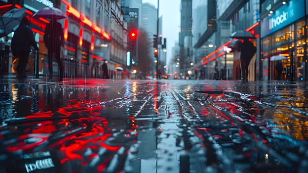 The colorful umbrellas brighten up the wet city street as people walk past the buildings and automotive lights in the rain, adding a vibrant touch to the cityscape