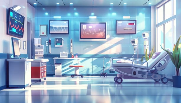 A hospital room with a bed, a computer, and a television by AI generated image.