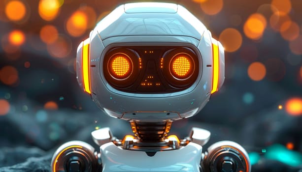 A robot with orange eyes stands in front of a street light by AI generated image.