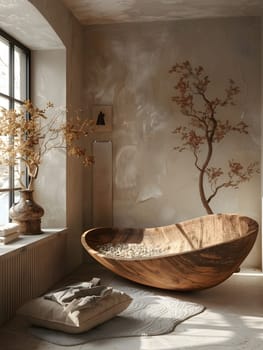 A rectangular hardwood bathtub is positioned on the floor in a bathroom with a window, surrounded by wooden walls and a plant underneath a wooden ceiling